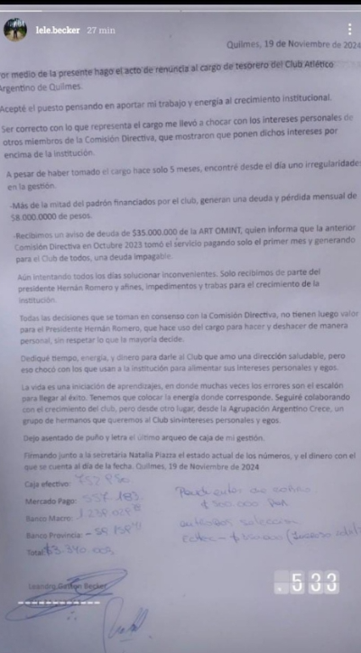 RENUNCIÓ EL TESORERO DE ARGENTINO DE QUILMES DENUNCIANDO GRAVES IRREGULARIDADES